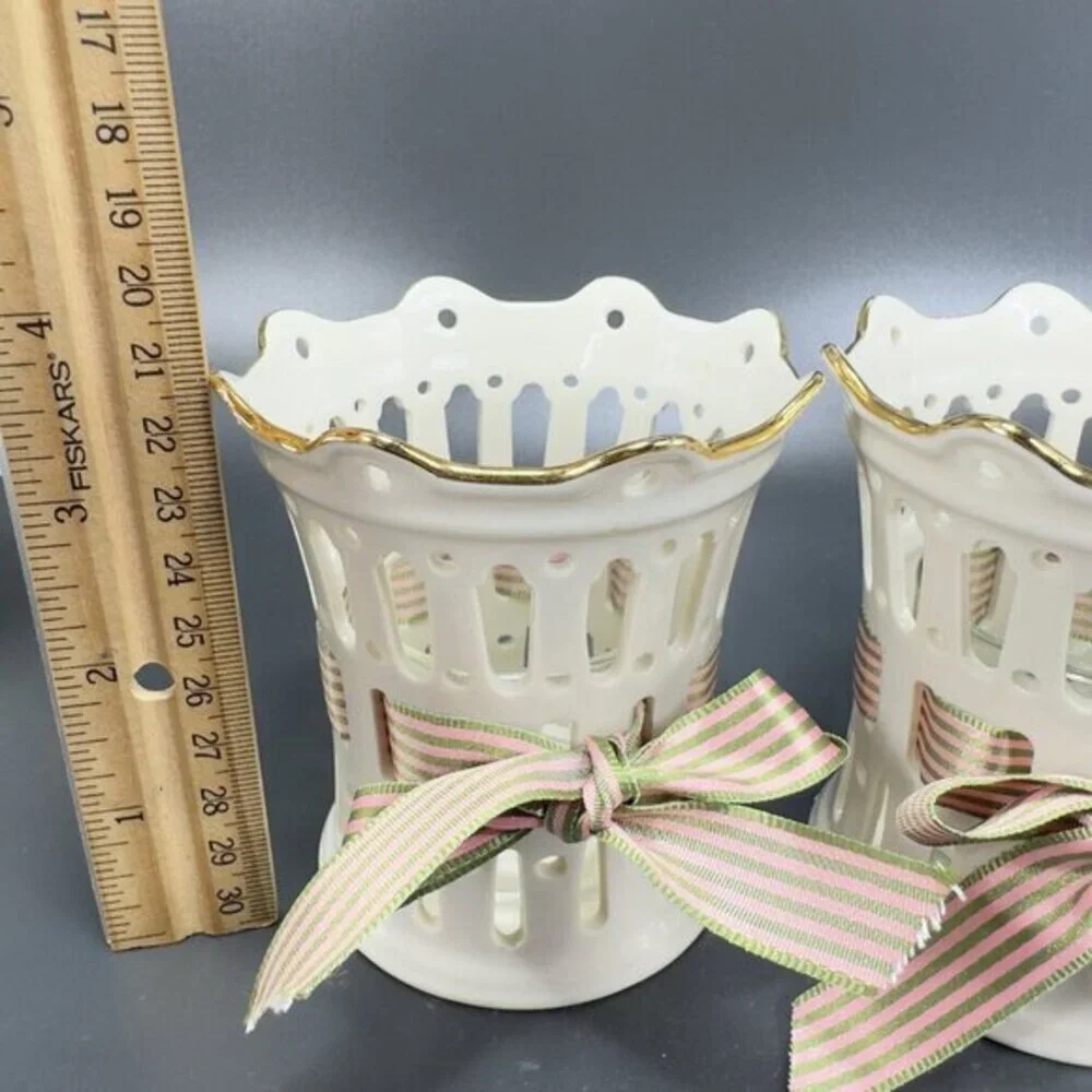 Lenox Great Giftables Pierced Porcelain Votive With‎ Ribbon And Gold Trim Set 2